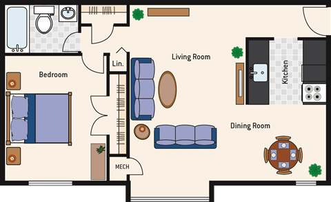 Floor plan for 1 bed, 1 bath, 637 sqft